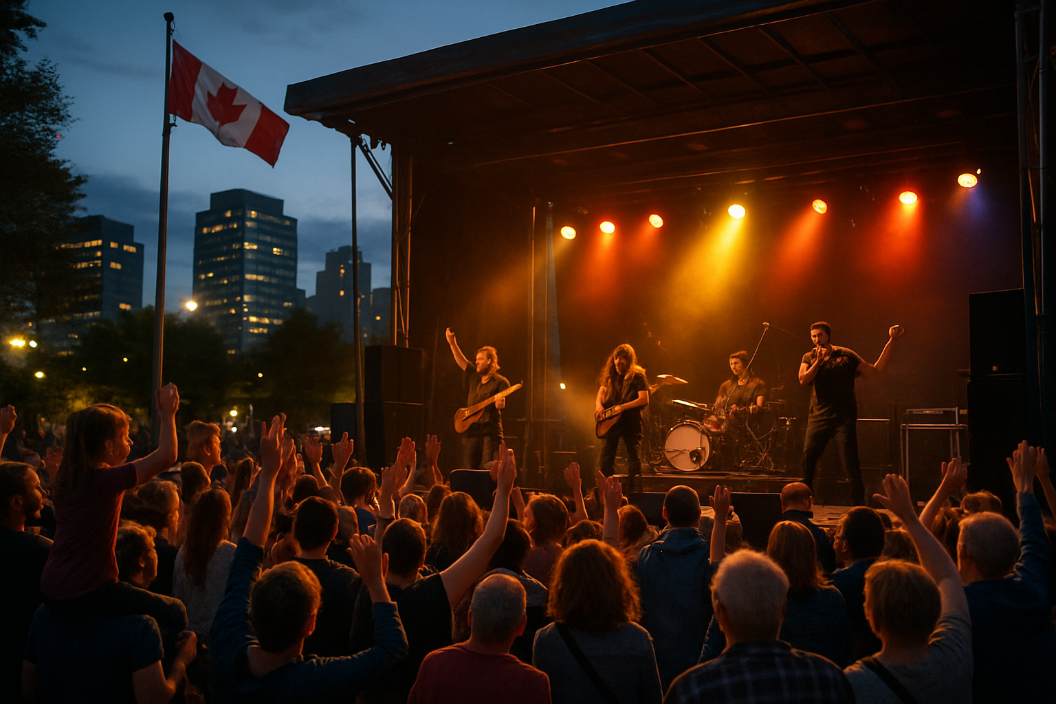 Crowd watching a small local band perform on an outdoor stage with city skyline in the background
