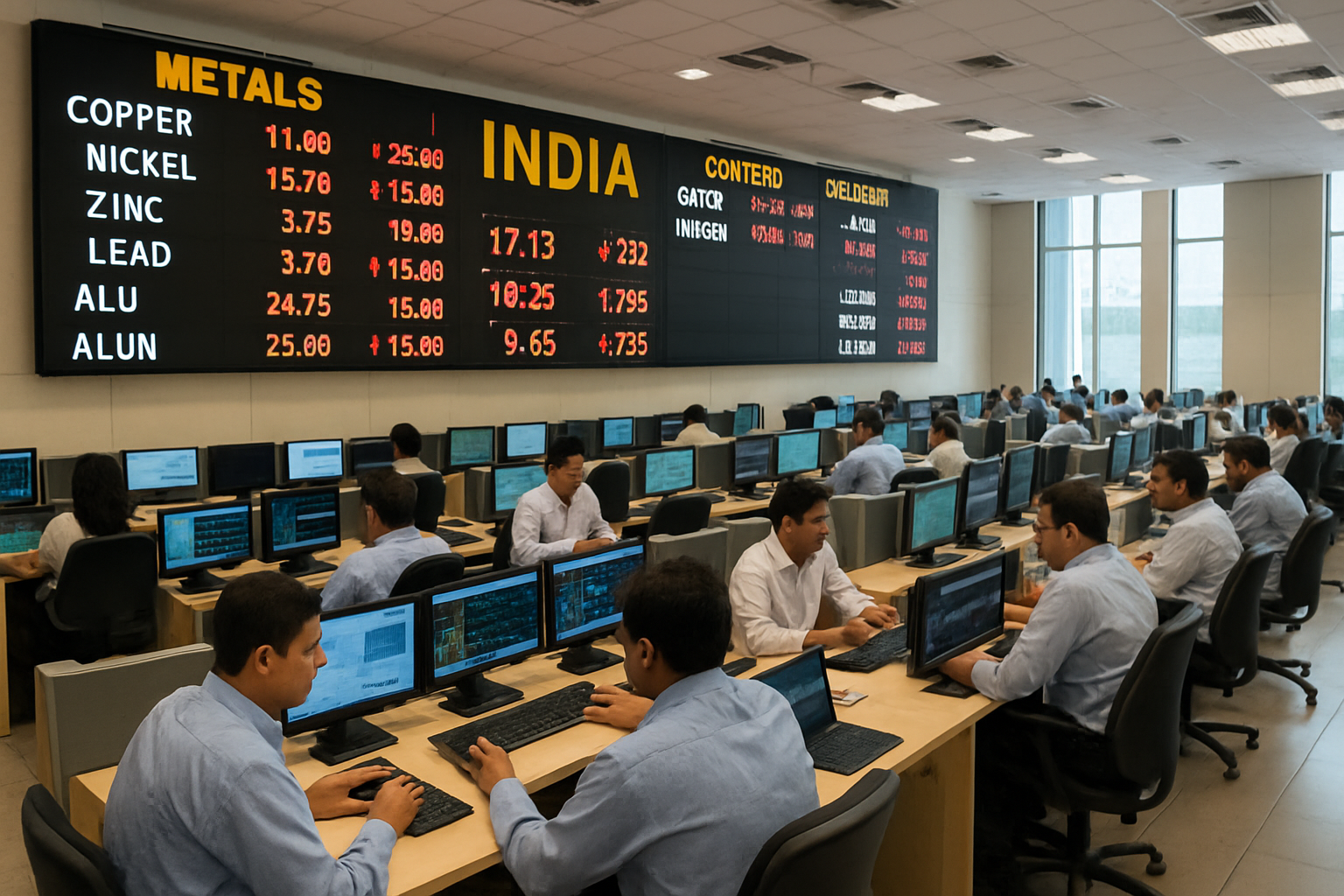 Traders on a commodity exchange floor, screens showing metals and bullion prices