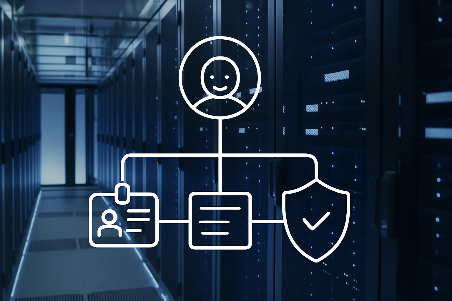 Server racks and an abstract AI agent diagram with identity lock overlay