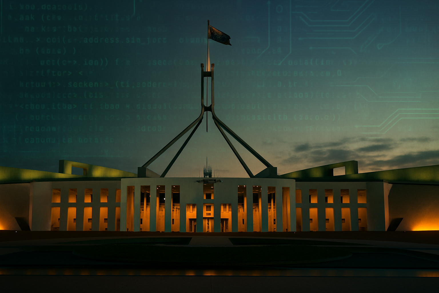 Australian parliament building at dusk with digital code overlay