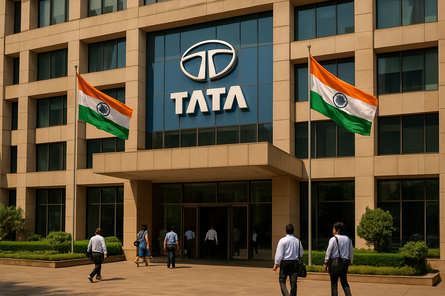 Tata Sons headquarters building with corporate flags