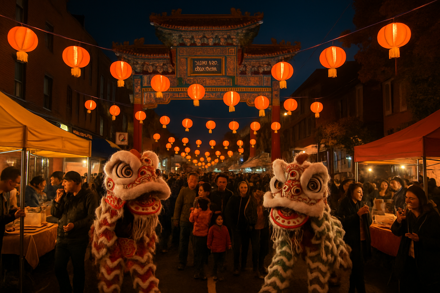 Crowds at an outdoor Chinatown night market with food stalls and lanterns