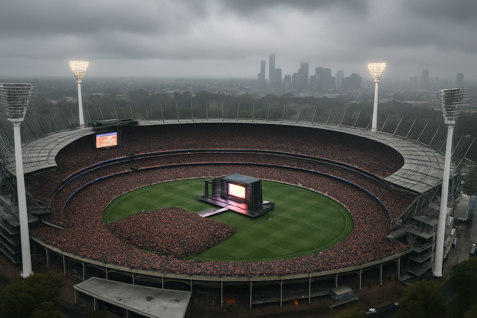 Melbourne Cricket Ground crowd at AFL Grand Final with stage setup for pregame entertainment
