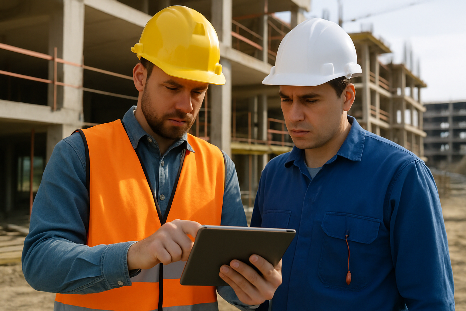 Workers on a construction site reviewing a standards document on a tablet